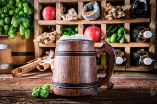 Preview: Various beer ingredients and beer with foam