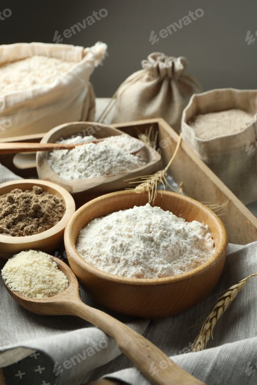 Preview: Different types of flour on table, closeup