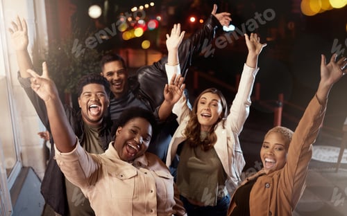 Preview: Happy people, diversity or hands up portrait in city for dance party, nightclub event or birthday c