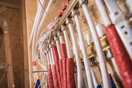 Preview: Pipes and Wires Organized on a Wall in a Construction Site During Daylight