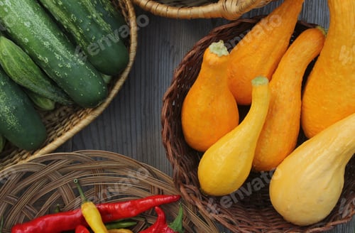 Preview: Top view of fresh organic vegetables on a table