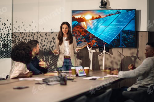Preview: Businesswoman with solar panel having presentation with diverse investors