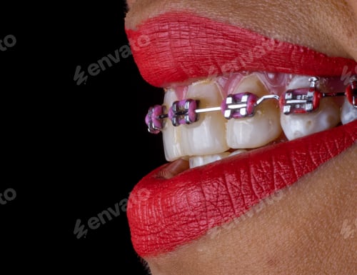 Preview: Closeup of a woman with red lipstick wearing braces against a black background