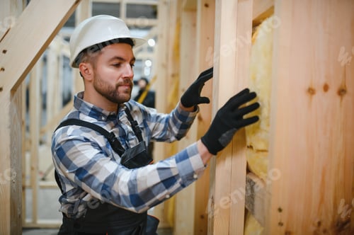 Preview: Portrait of a carpenter smiling with crossed arms in a lumber warehouse, showcasing expertise