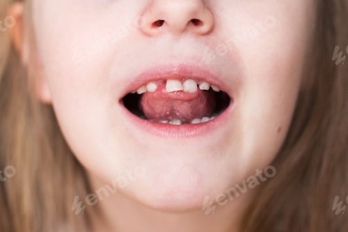 Preview: portrait of a little child girl moving her milk front tooth with her tongue in open mouth.
