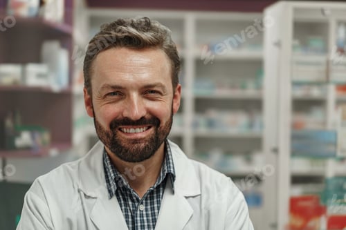 Preview: Portrait of smiling male pharmacist in white coat standing on pharmacy background