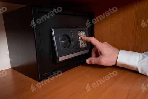 Preview: Male in shirt using safe in the hotel