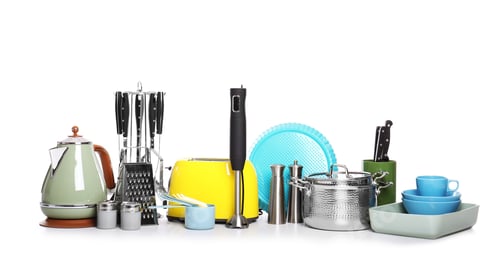 Preview: Set of clean cookware, dishes, utensils and appliances isolated on white