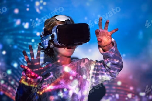 Preview: Attentive kid touching imaginary objects in VR headset