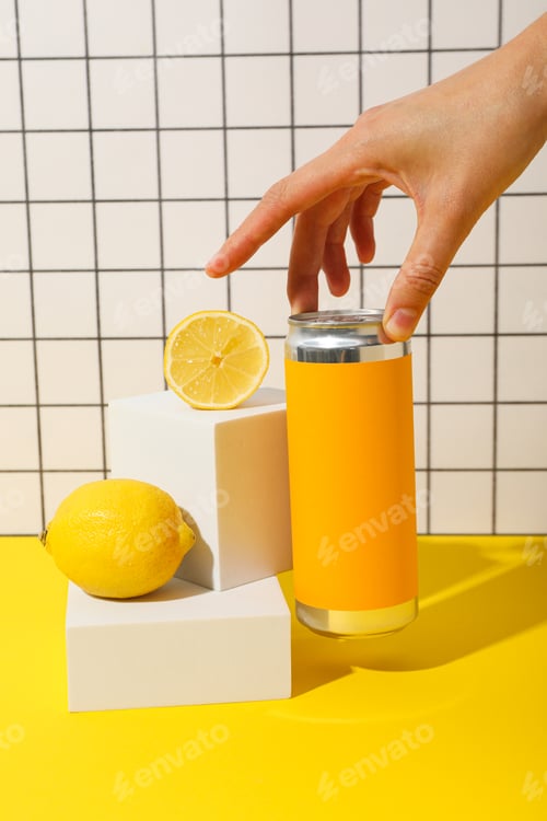 Preview: Tin can, lemons and hand on yellow table on light background