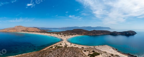 Preview: Elafonisos Greek island, Simos double beach panorama, aerial drone view. Peloponnese. Greece.