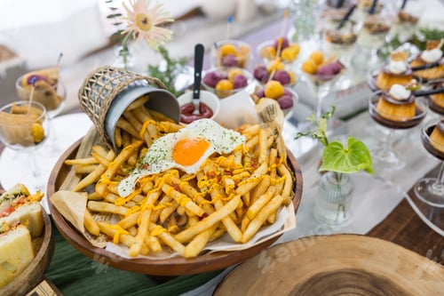 Preview: French fries and pudding served buffet meal