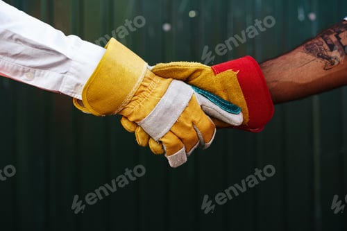 Preview: Close up photo of two men builders in workwear shaking hands