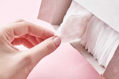 Preview: Woman hand takes a sanitary pad out of the box, close up