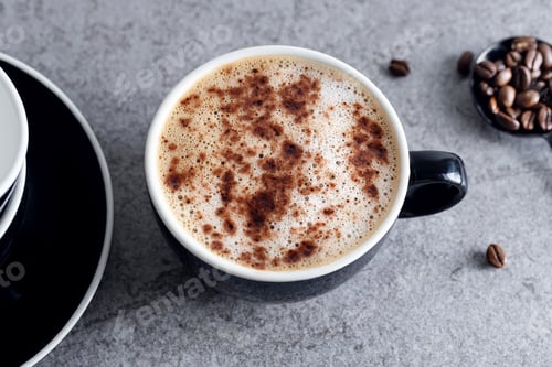 Preview: Cup of coffee on table on grey background