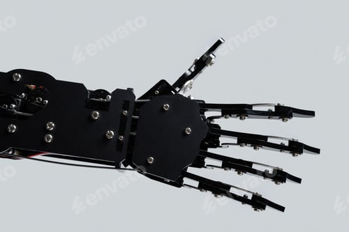 Preview: Real robot's hand isolated on grey background..