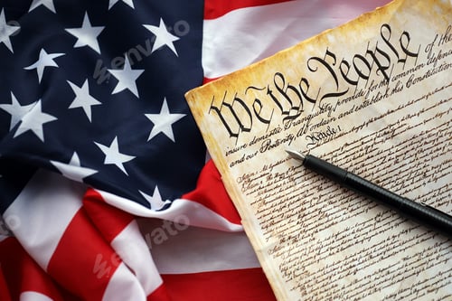 Preview: Preamble to the Constitution of the United States and American Flag close up