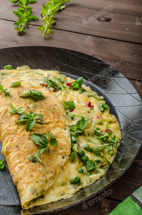 Preview: Cheese omelet with spring onions, herbs and chilli