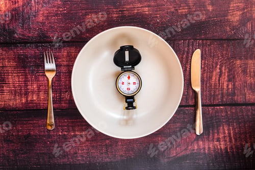 Preview: Trying diets to lose weight oriented by a compass, image of a plate without food in a fasting.