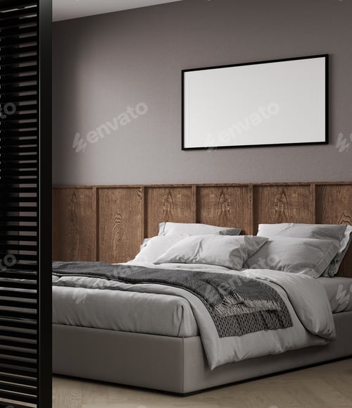 Preview: mock up horizontal poster frame in modern bedroom interior background, 3D render, 3D illustration