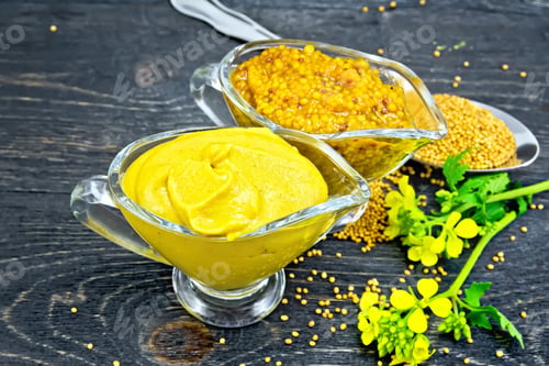 Preview: Sauce mustard in two sauceboats with flower on wooden board