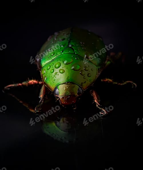 Preview: Closeup wet green beetle bug with reflection on a black background