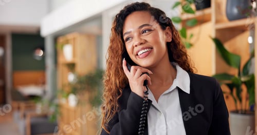 Preview: Woman, call and hotel reception with smile, concierge and desk help with booking management. Lobby,