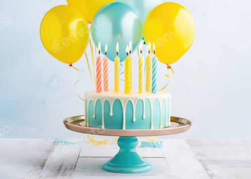 Preview: Birthday cake with drip icing and party balloons