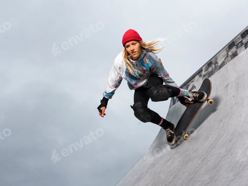 Preview: Germany, Baden-Wurttemberg, Waiblingen, Young woman skateboarding in skate park