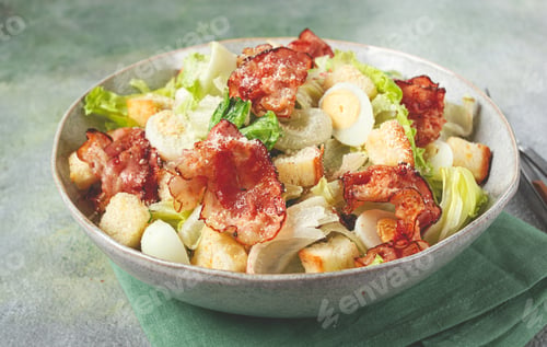 Delicious Caesar Salad with Bacon and Egg
