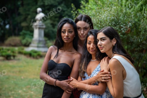 Preview: Four female friends of different ethnicities meet at the park to spend time. Togetherness concept.
