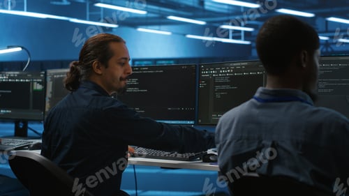 Preview: Manager overseeing server room and drinking coffee while running code on PC