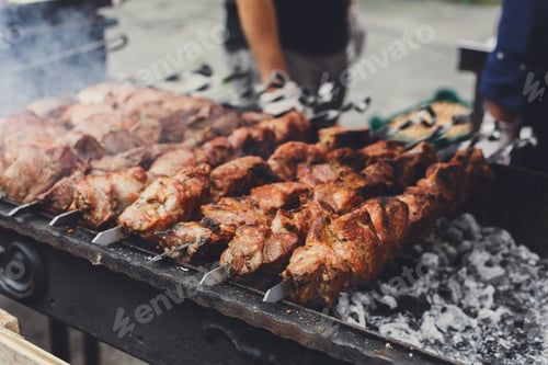 Preview: Beef kebab. Fresh roasted meat at grill, bbq, closeup