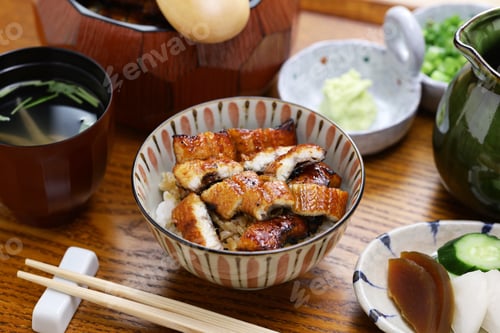 Preview: Hitsumabushi is a Japanese Nagoya rice dish decorated with grilled Unagi eel at the top.