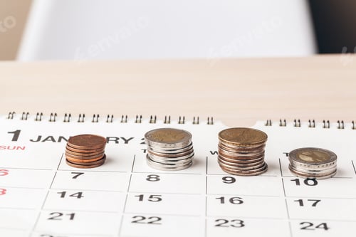 Preview: The close-up of accounting documents with money coins
