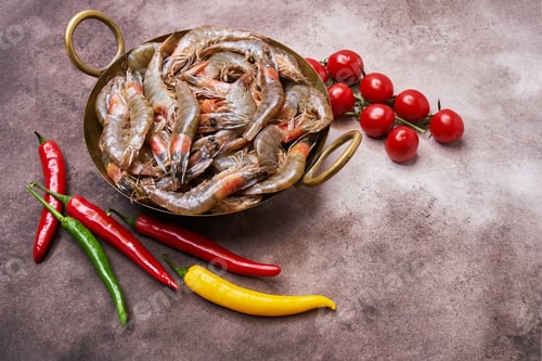 Preview: Raw fresh shrimps on a vintage dish over brown background. Copy space.