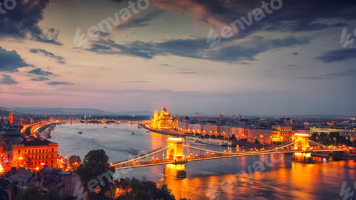 Preview: Budapest city night scene. View at Chain bridge, river Danube an