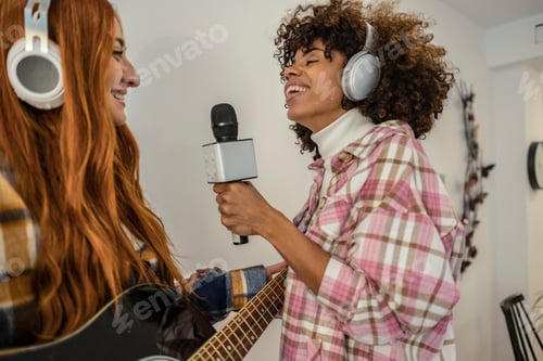 Preview: young multiracial friends have fun karaoke listen to music microphone