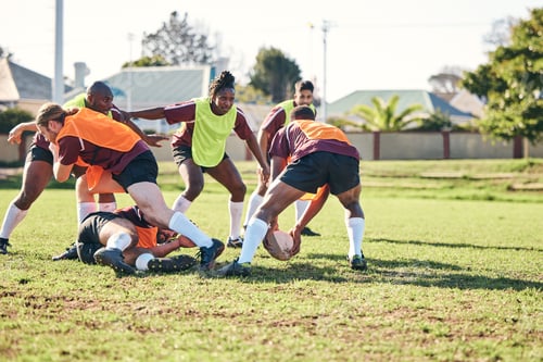 Preview: Rugby, fitness and training with a team on a field together for a game or match in preparation of a