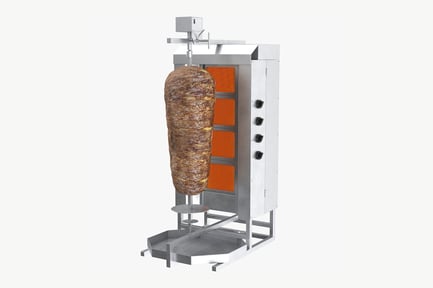 Preview: Doner Machine, Silver Cylindrical Food Processing Device with Brown Meat Attachment and Orange Panels