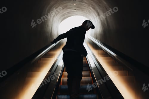Silhouette of Person Riding Escalator in Dark Tunnel