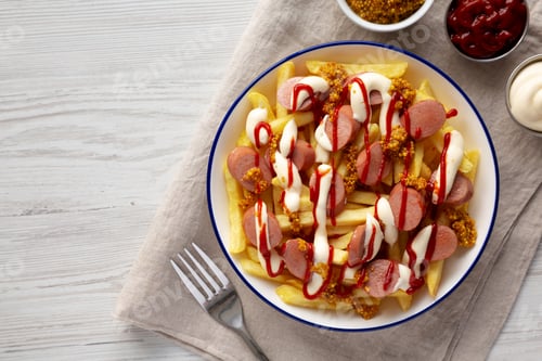 Preview: Homemade Salchipapa Fries with Ketchup, Mustard and Mayo on a Plate, top view. Copy space.