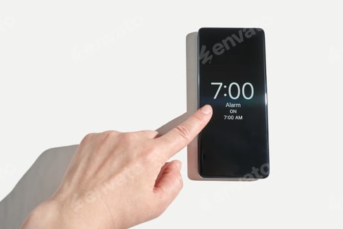 Preview: Adult caucasian hand setting alarm clock on smartphone device against white
