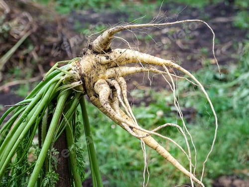 Preview: Root crop of white carrots, many shoots on one vegetable. The concept of the fall harvest