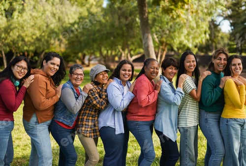Preview: Group of multiracial women having fun standing in a line at city park