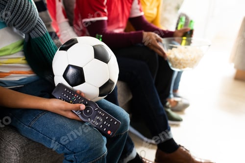 Preview: Mid section of family watching sports on TV at home