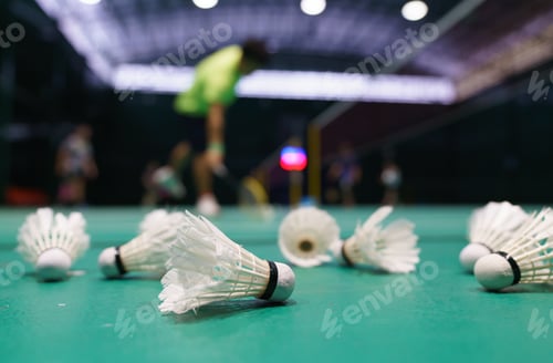 Preview: shuttlecock on green badminton playing court