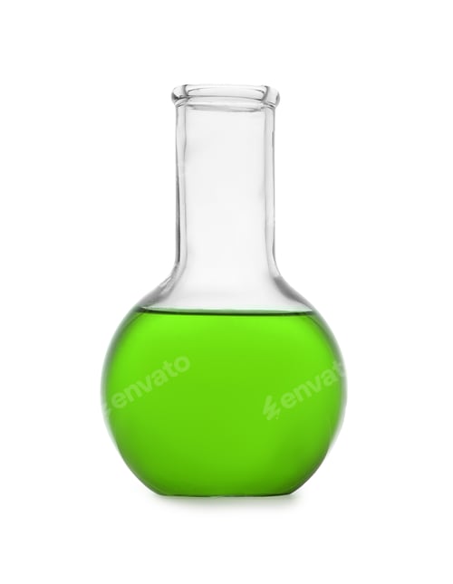 Preview: Flask with color sample isolated on white. Chemistry glassware