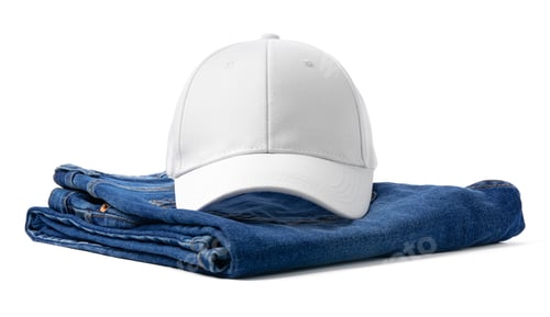 Preview: White Baseball Cap on Folded Blue Denim Jeans Against White Background