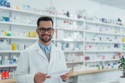Preview: Portrait of a handsome pharmacist working in a pharmacy